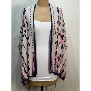Flying Tomato Geometric Boho Open Front Kimono Cardigan Beige Navy Pink Size M